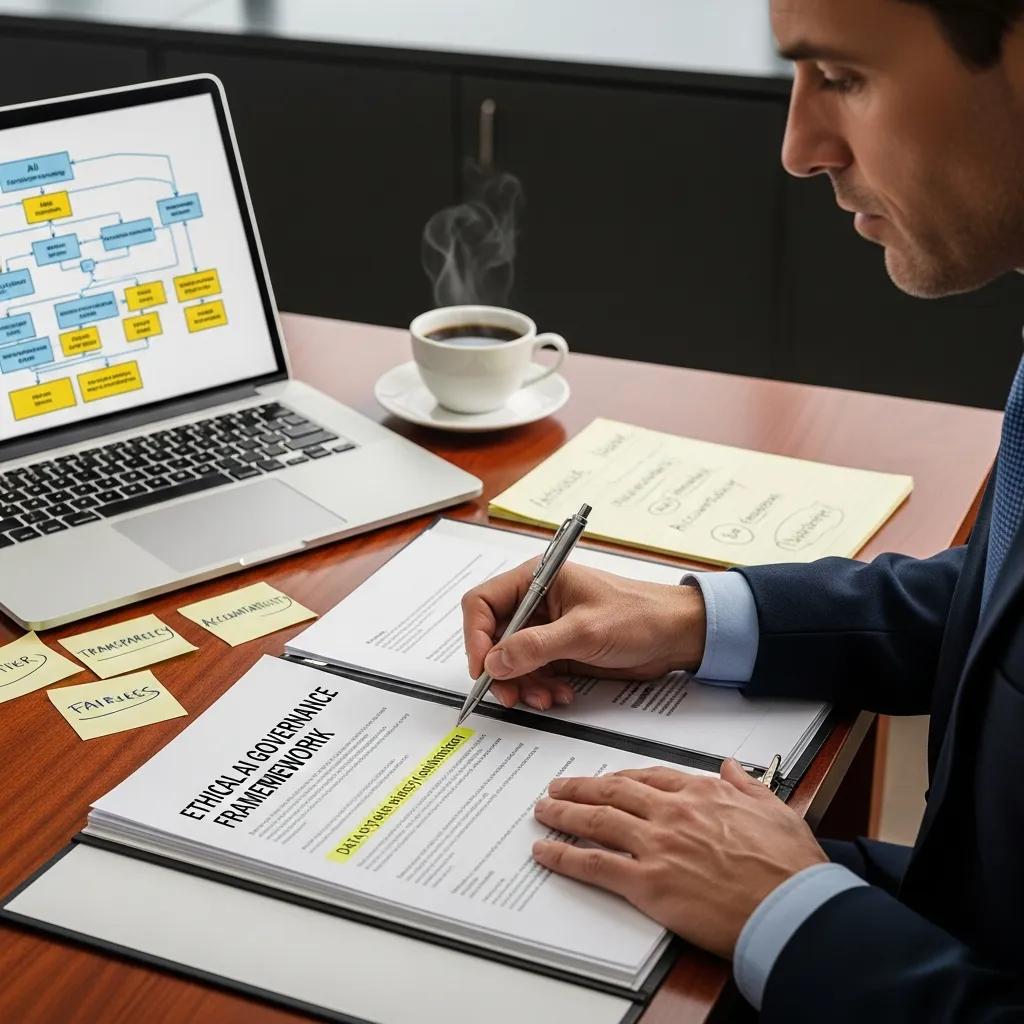 Business leader reviewing ethical AI governance framework in an office
