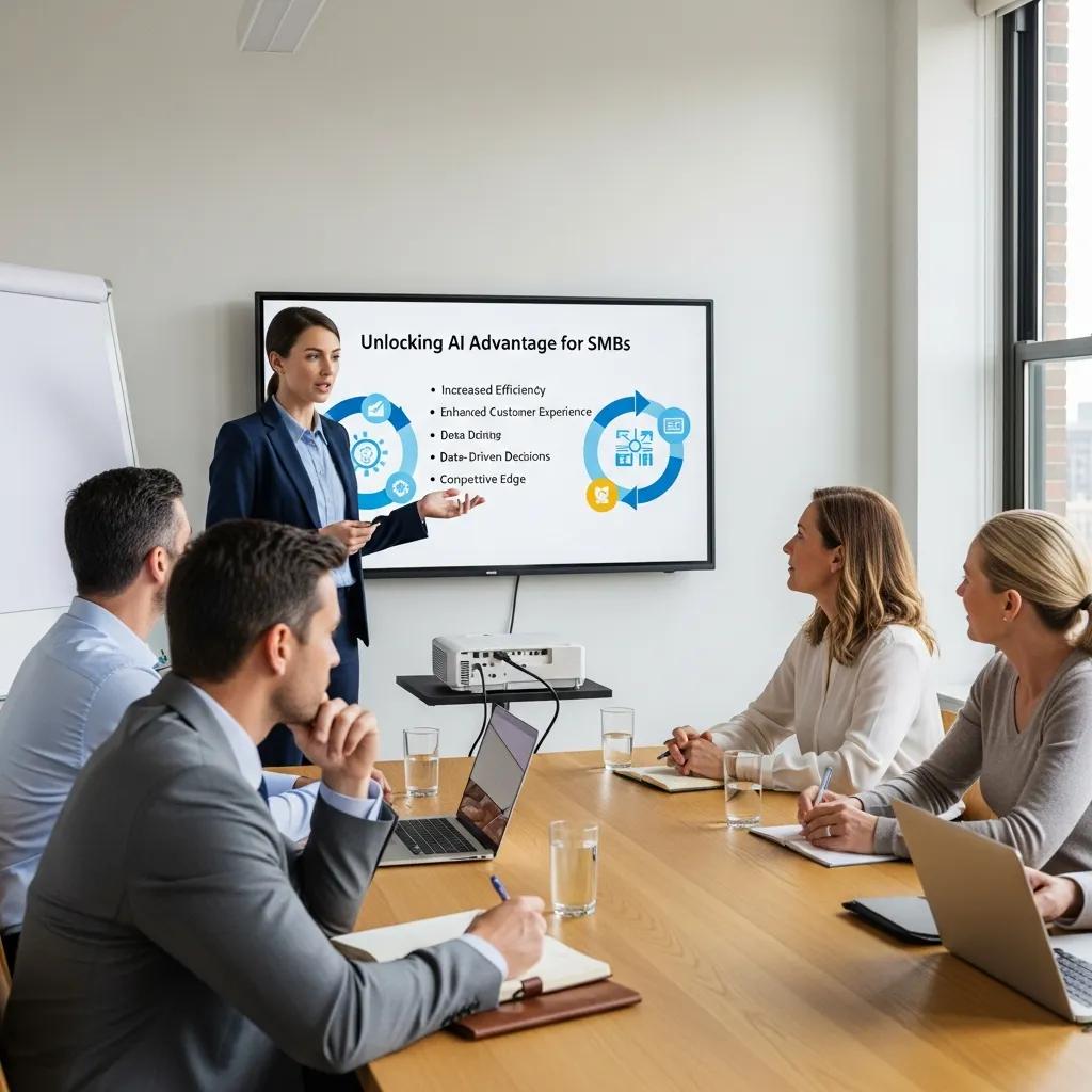 Business meeting with a fractional CAIO presenting AI benefits to SMB executives