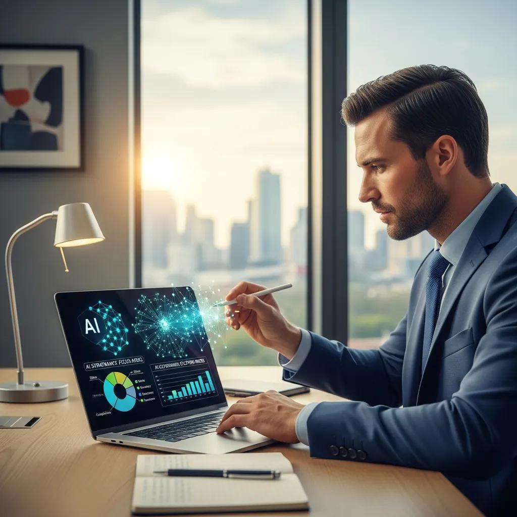 Business professional analyzing AI data and strategies in an office