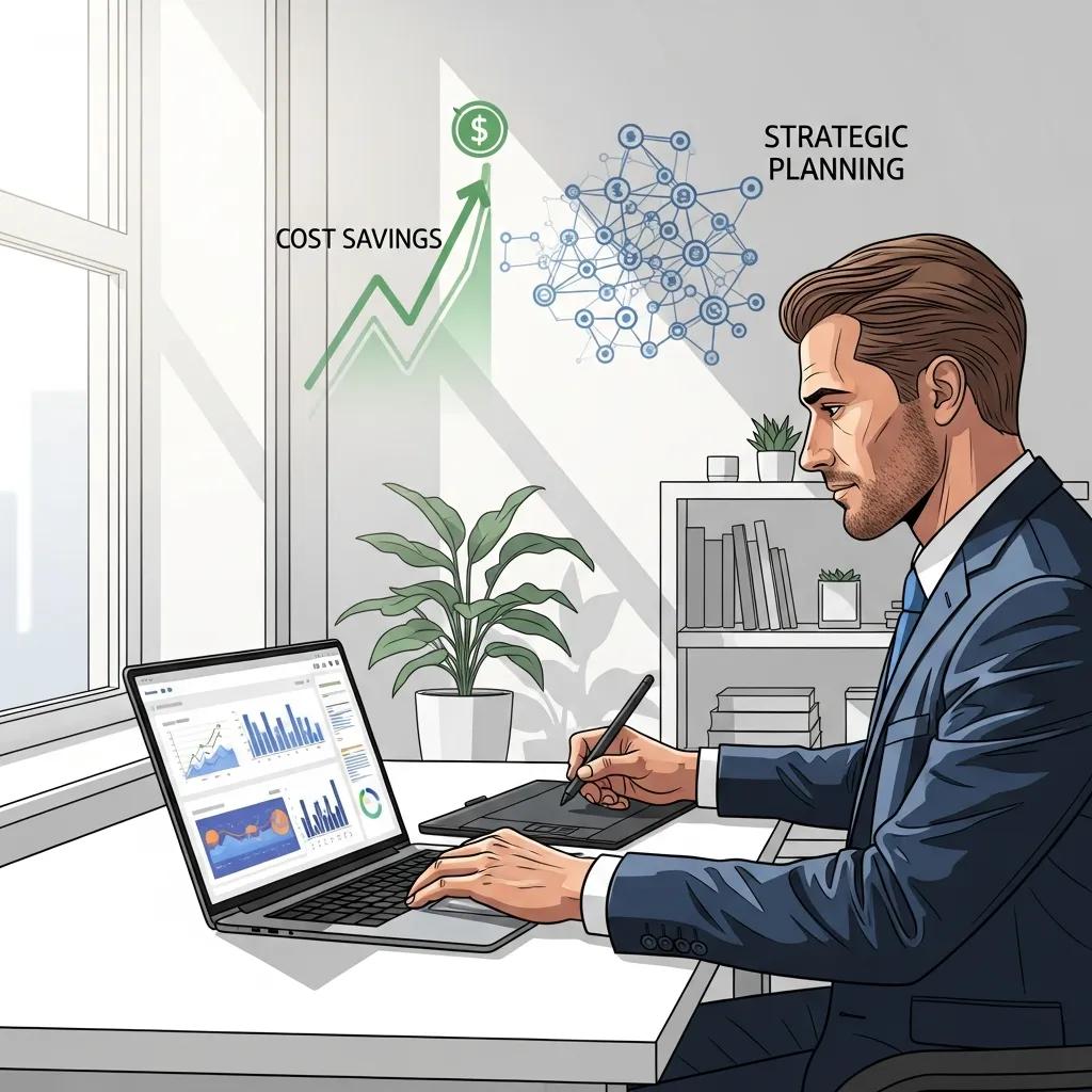 Business professional analyzing data for AI leadership advantages