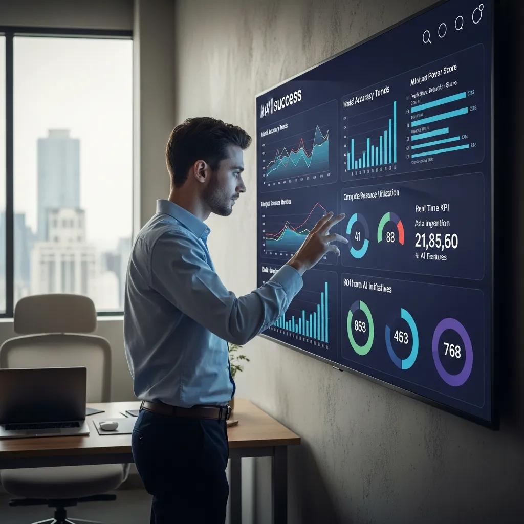 Business professional reviewing AI performance metrics on a digital dashboard