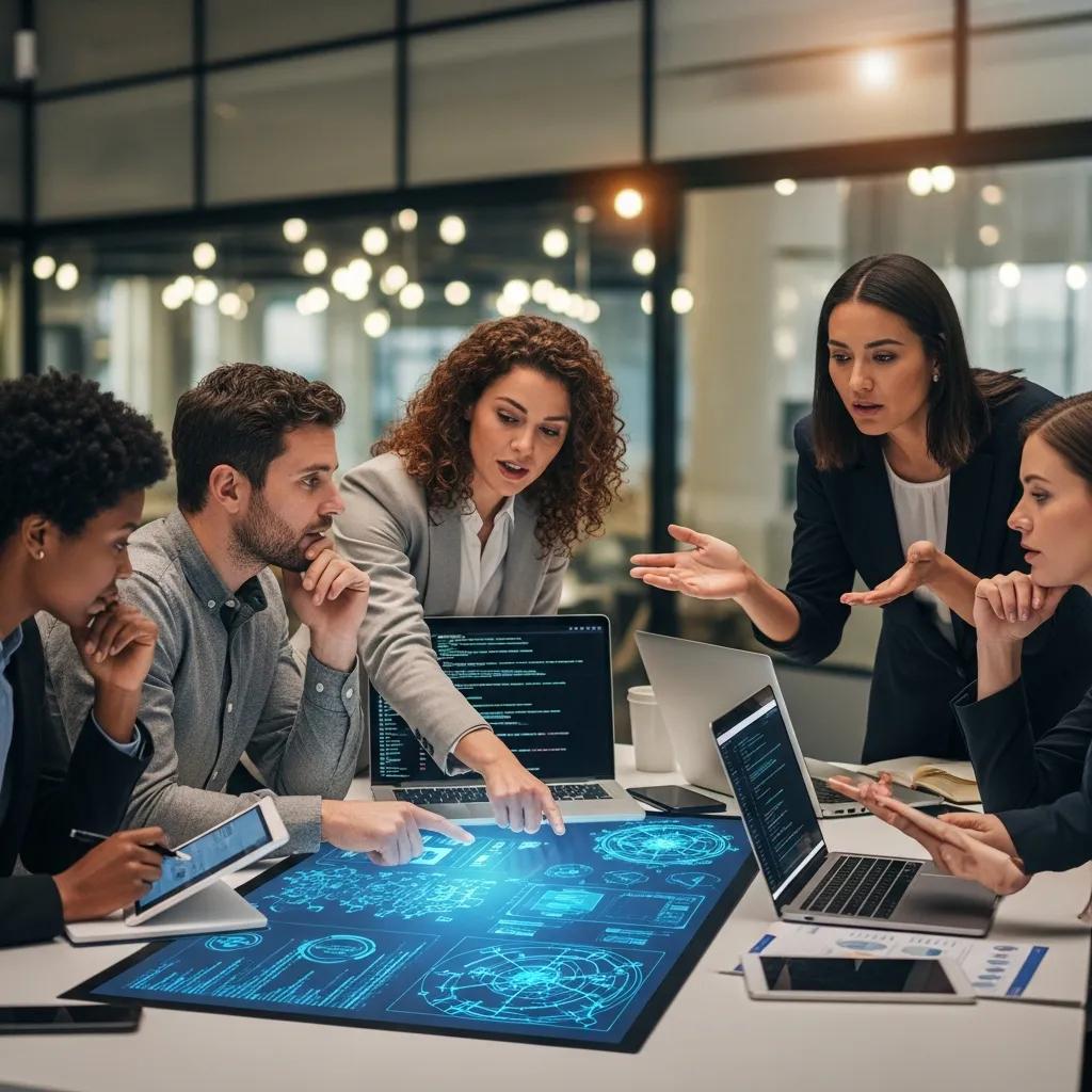 Business professionals collaborating on AI strategies in a modern office