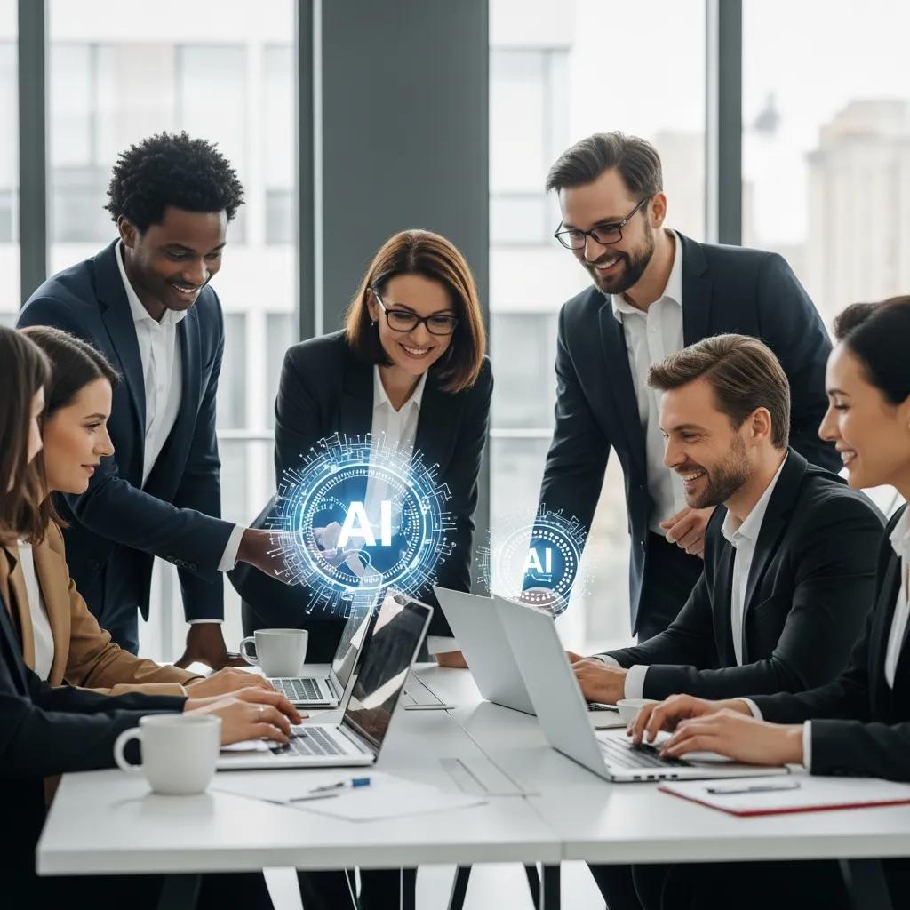 Business professionals collaborating on AI strategy in a modern office