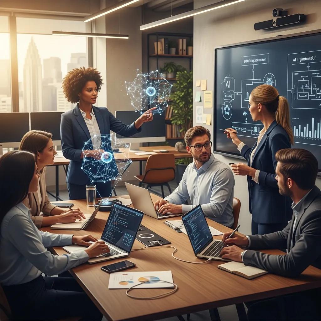 Business professionals collaborating on AI strategy in a modern office