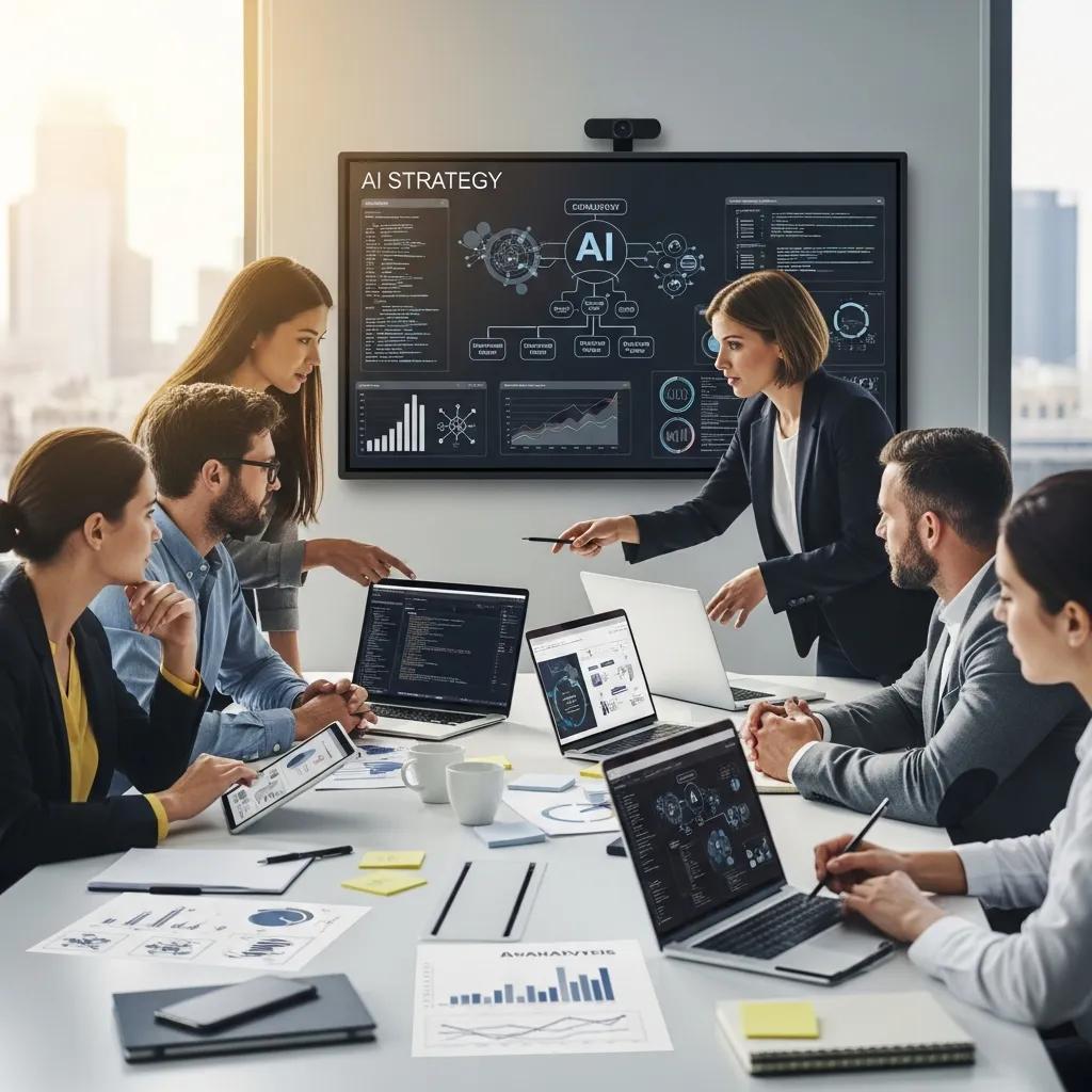 Business professionals collaborating on AI strategy in a modern office