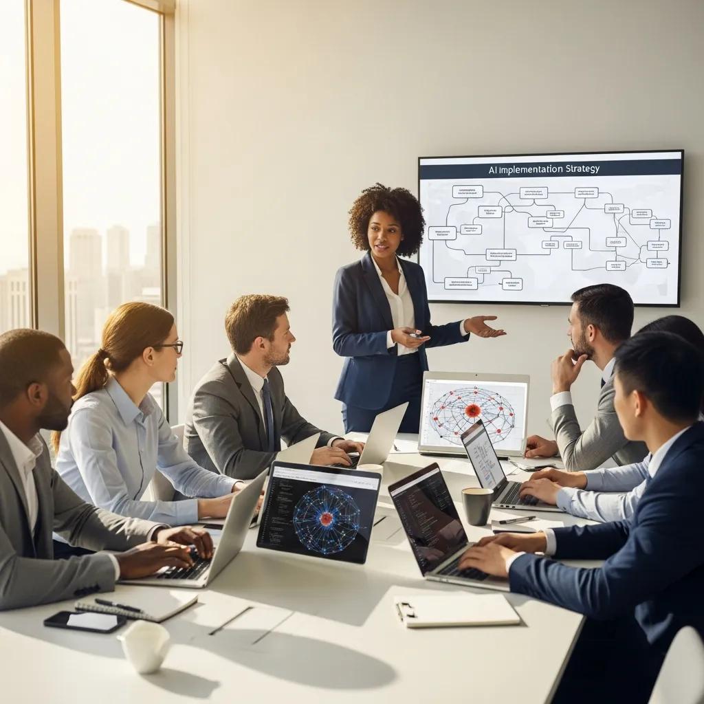 Business professionals collaborating on AI strategy in a modern office setting