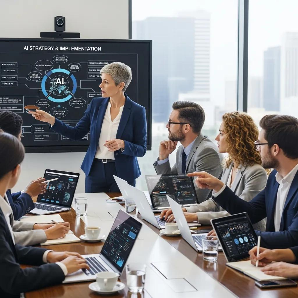 Business professionals discussing AI leadership strategies in a collaborative environment