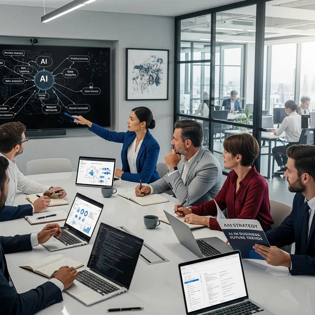 Business professionals discussing AI strategy in a collaborative environment