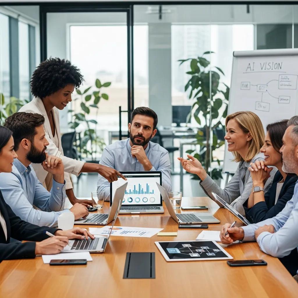 Diverse business leaders collaborating on AI strategies in a modern office