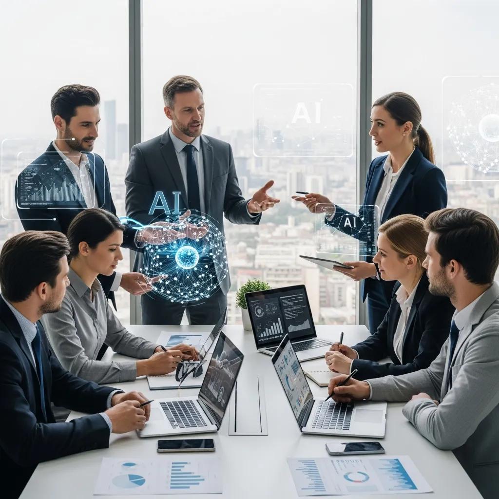 Diverse business leaders collaborating on AI strategies in a modern office