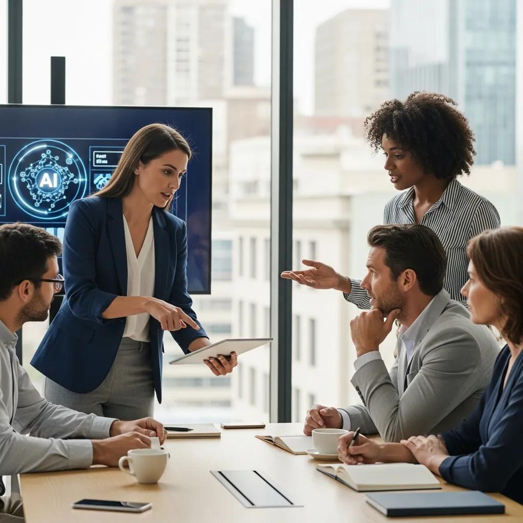 Diverse business leaders collaborating on AI strategies in a modern office
