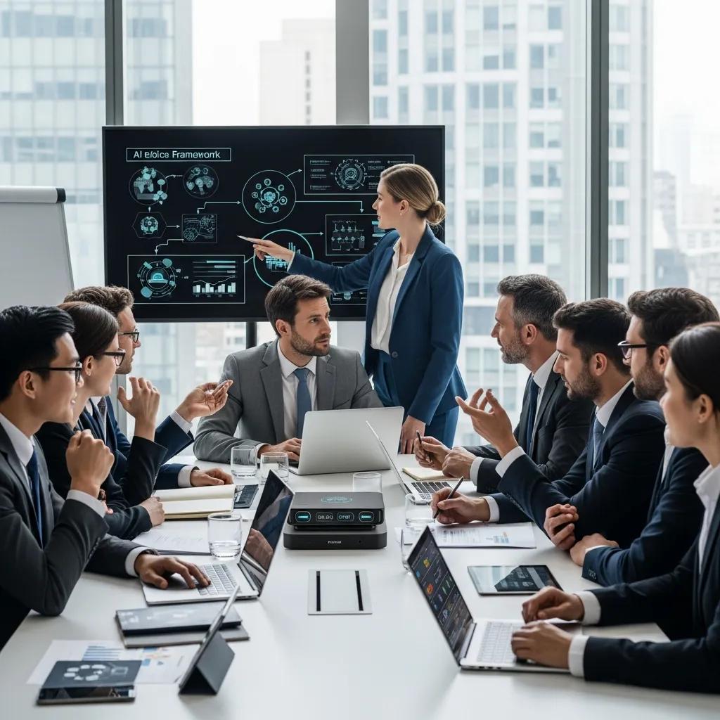 Diverse business leaders discussing AI governance in a modern office setting