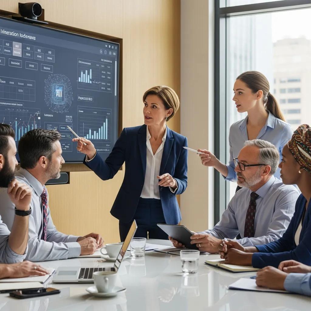 Diverse business leaders discussing AI strategy in a modern office setting