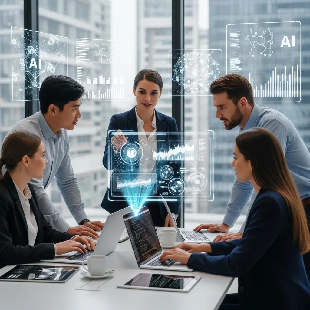 Diverse business professionals collaborating on AI strategies in a modern office