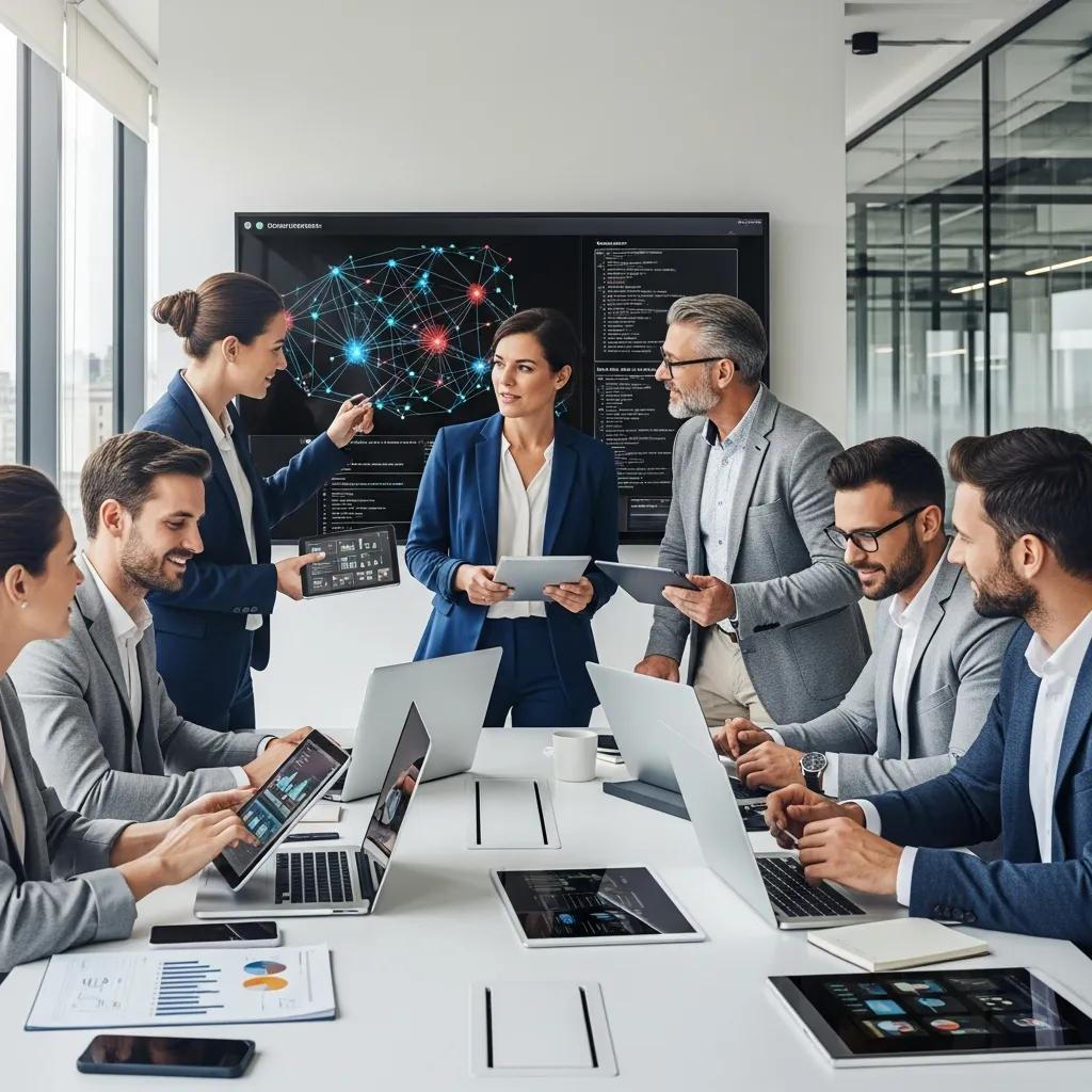 Diverse business professionals collaborating on AI strategies in a modern office