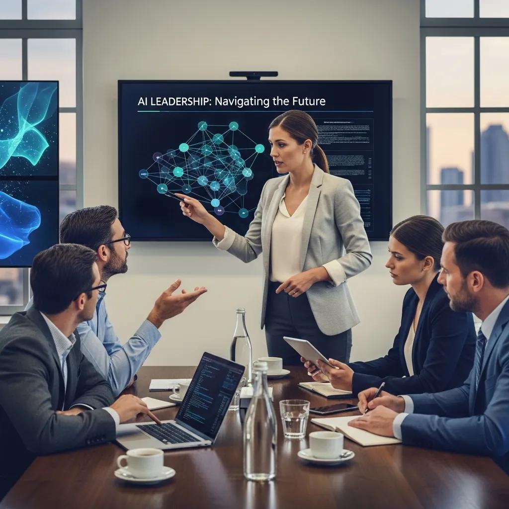 Diverse executives discussing AI leadership strategies in a modern office setting