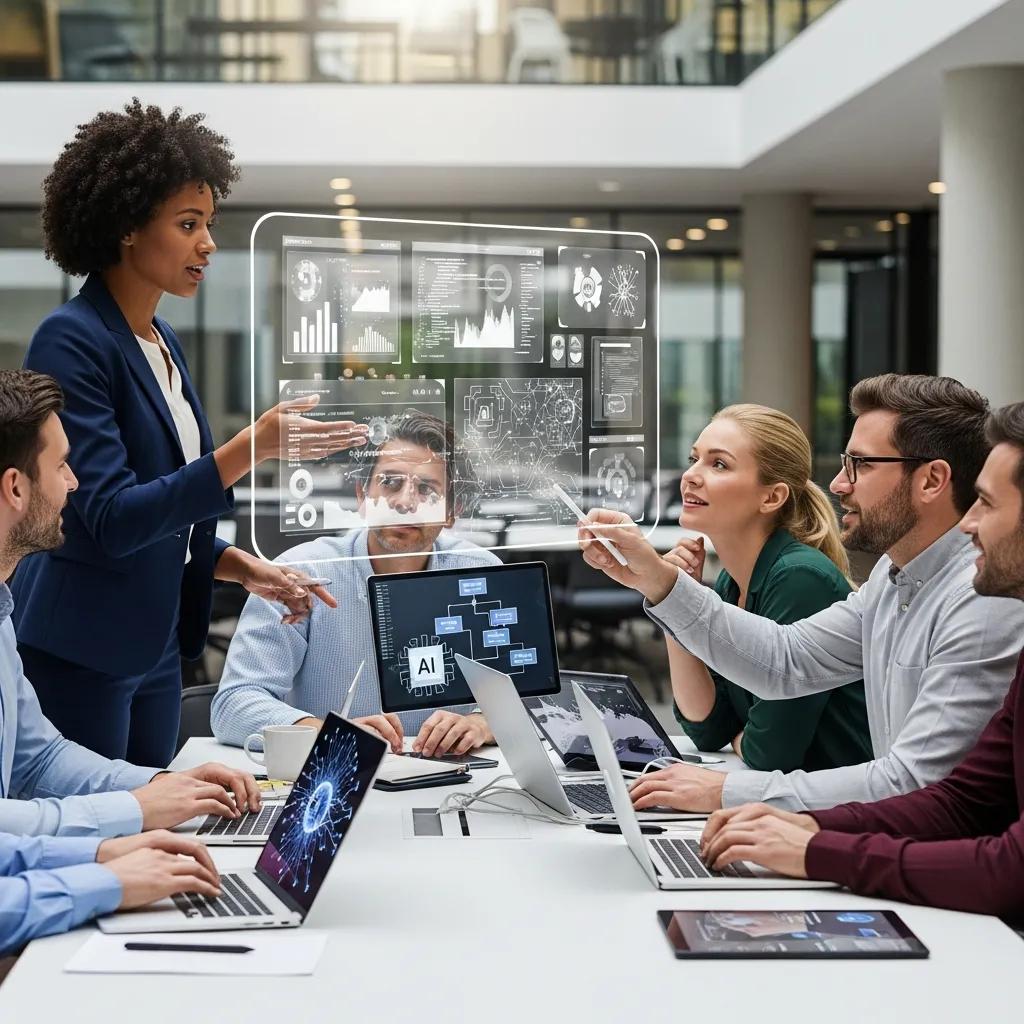 Diverse professionals collaborating in a modern office, emphasizing leadership and AI integration