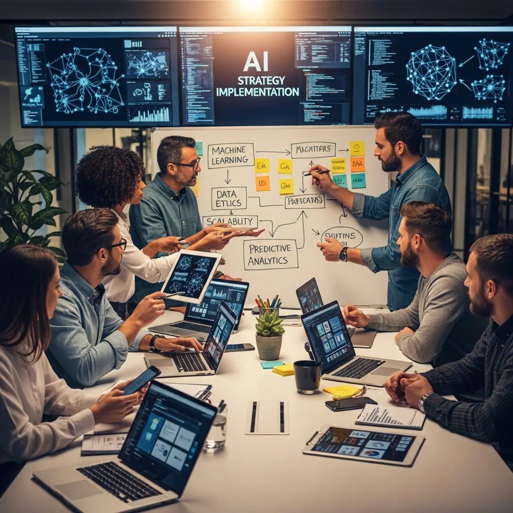 Diverse professionals collaborating on AI strategy implementation in a modern workspace