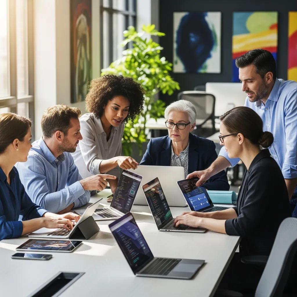 Diverse professionals collaborating on human-centric AI solutions in a modern office