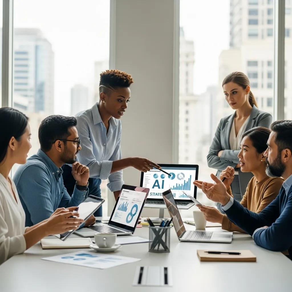 Diverse small business leaders collaborating on AI strategies in a modern office
