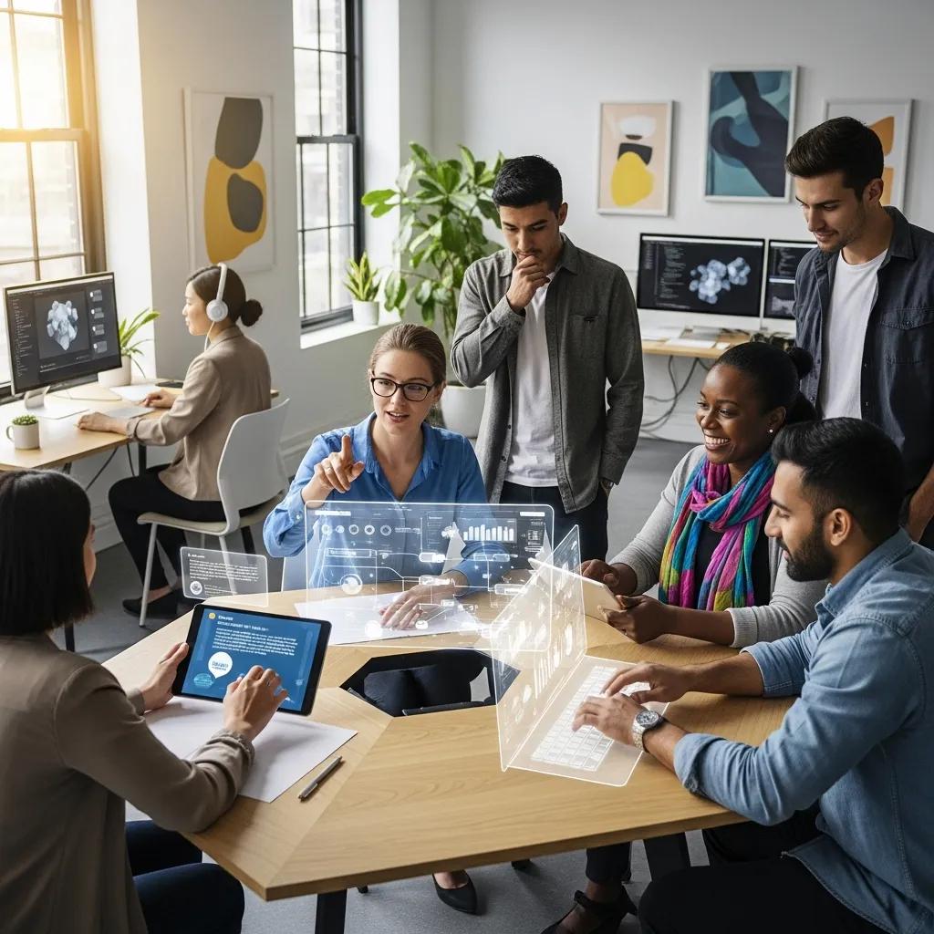 Diverse small business team collaborating with AI technology in a modern office