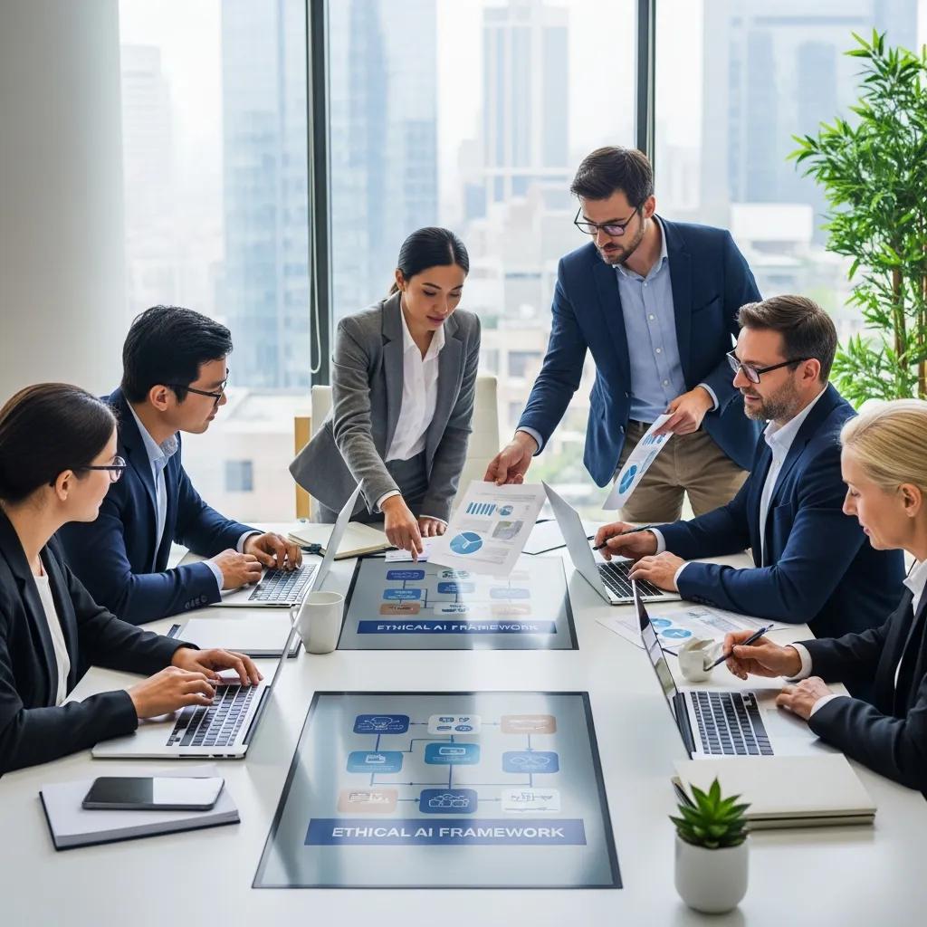 Diverse team collaborating on AI policy documents in a modern office setting
