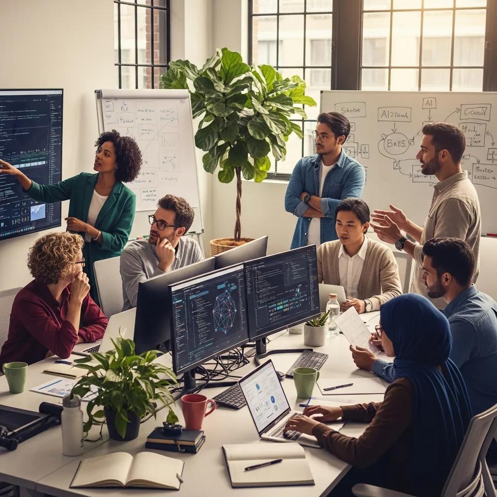 Diverse team collaborating on AI projects in a supportive workspace
