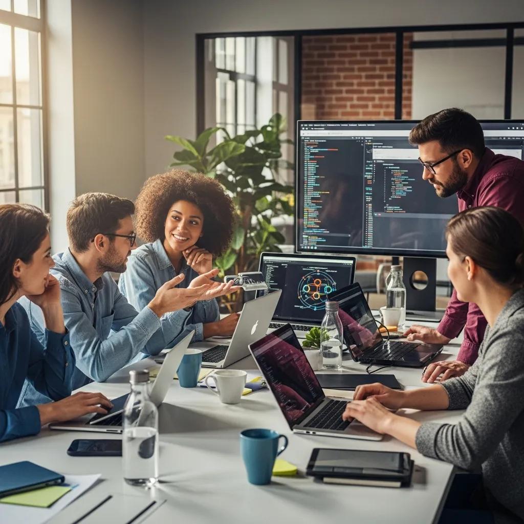 Diverse team collaborating on human-centric AI solutions in a modern office