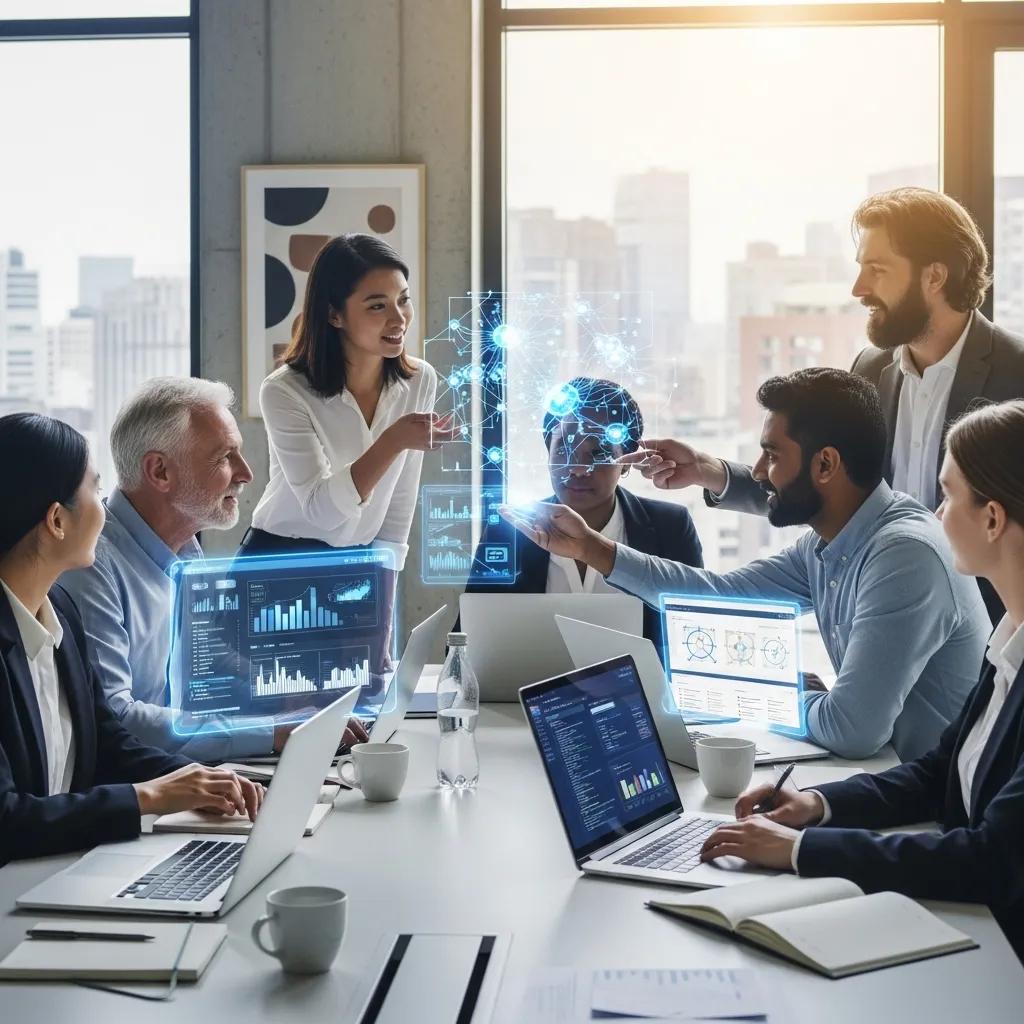 Diverse team collaborating with AI technology in a modern office setting