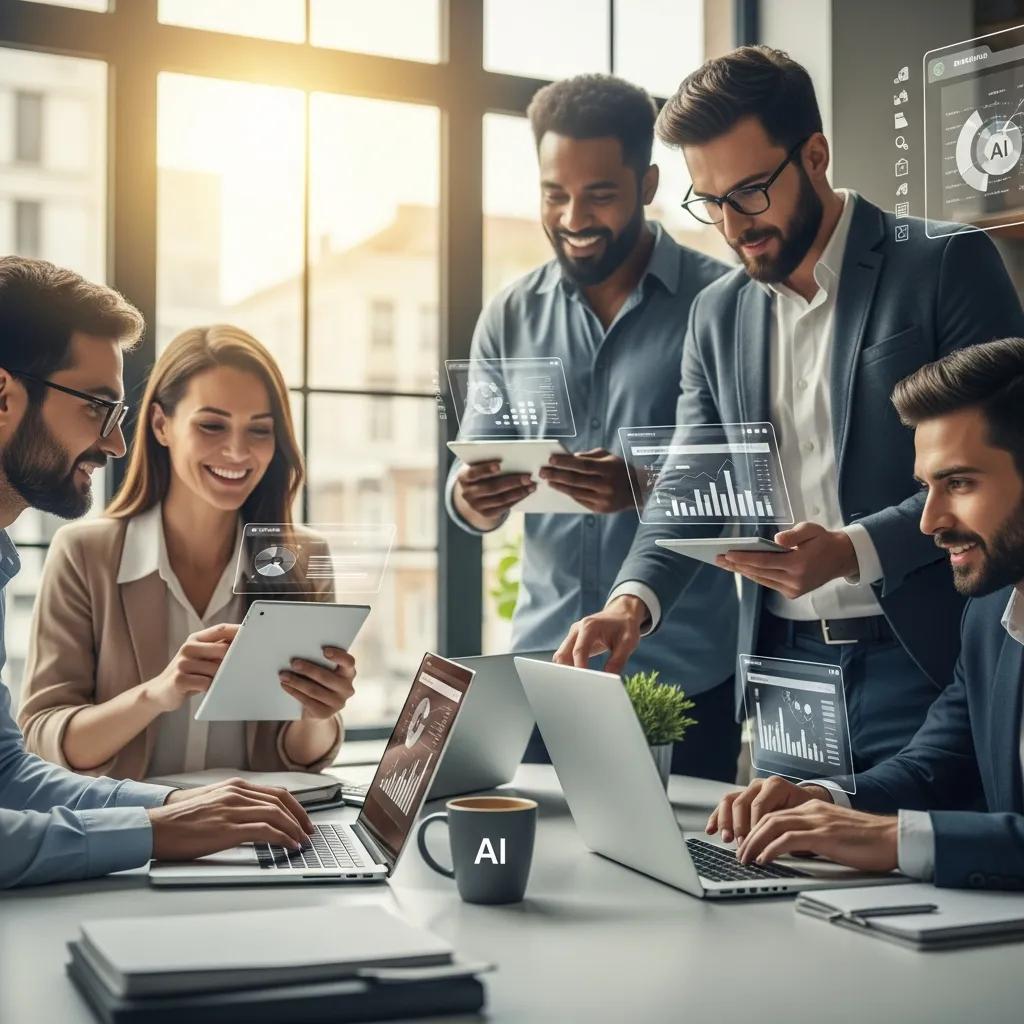 Diverse team collaborating with AI tools in a modern office, enhancing productivity and innovation