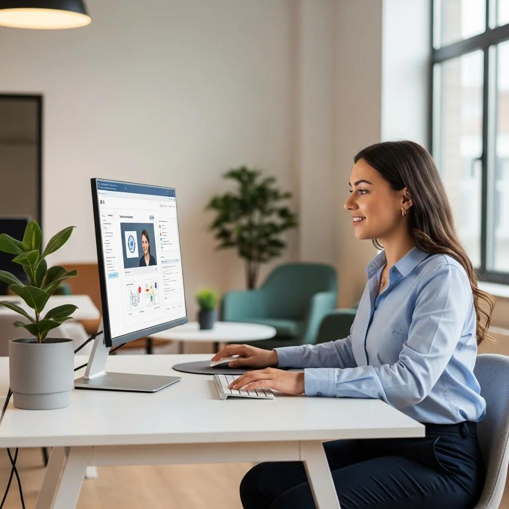 Employee interacting with user-friendly AI technology in a supportive workspace