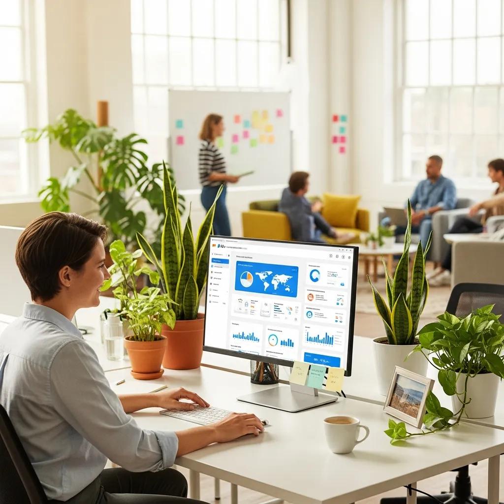 Employee using AI tools in a supportive and positive work environment