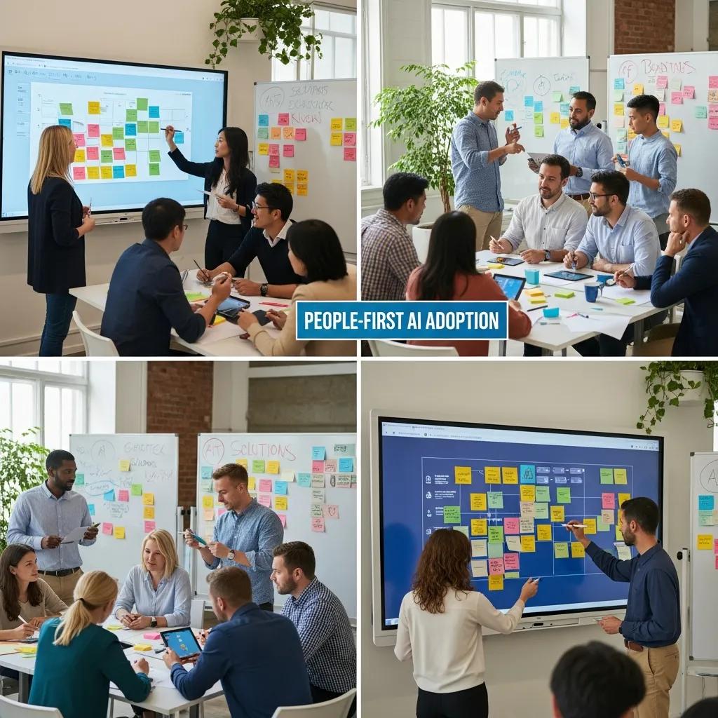 Employees collaborating in a workshop to design AI solutions with a people-first approach