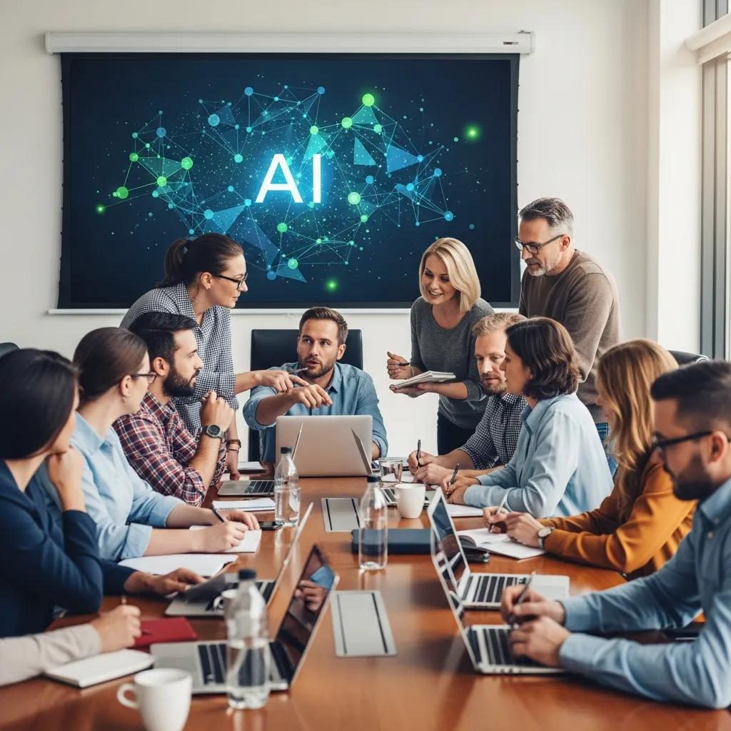Employees engaged in an AI training session in a modern conference room