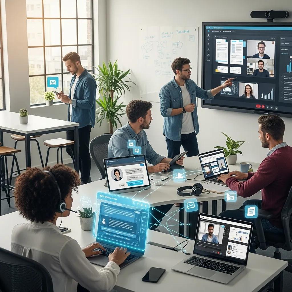 Employees using AI-powered tools for collaboration and communication in a modern workspace
