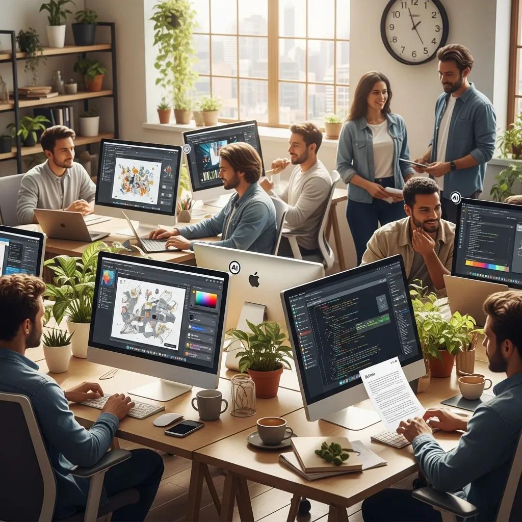 Employees using AI tools in a relaxed office environment to enhance productivity