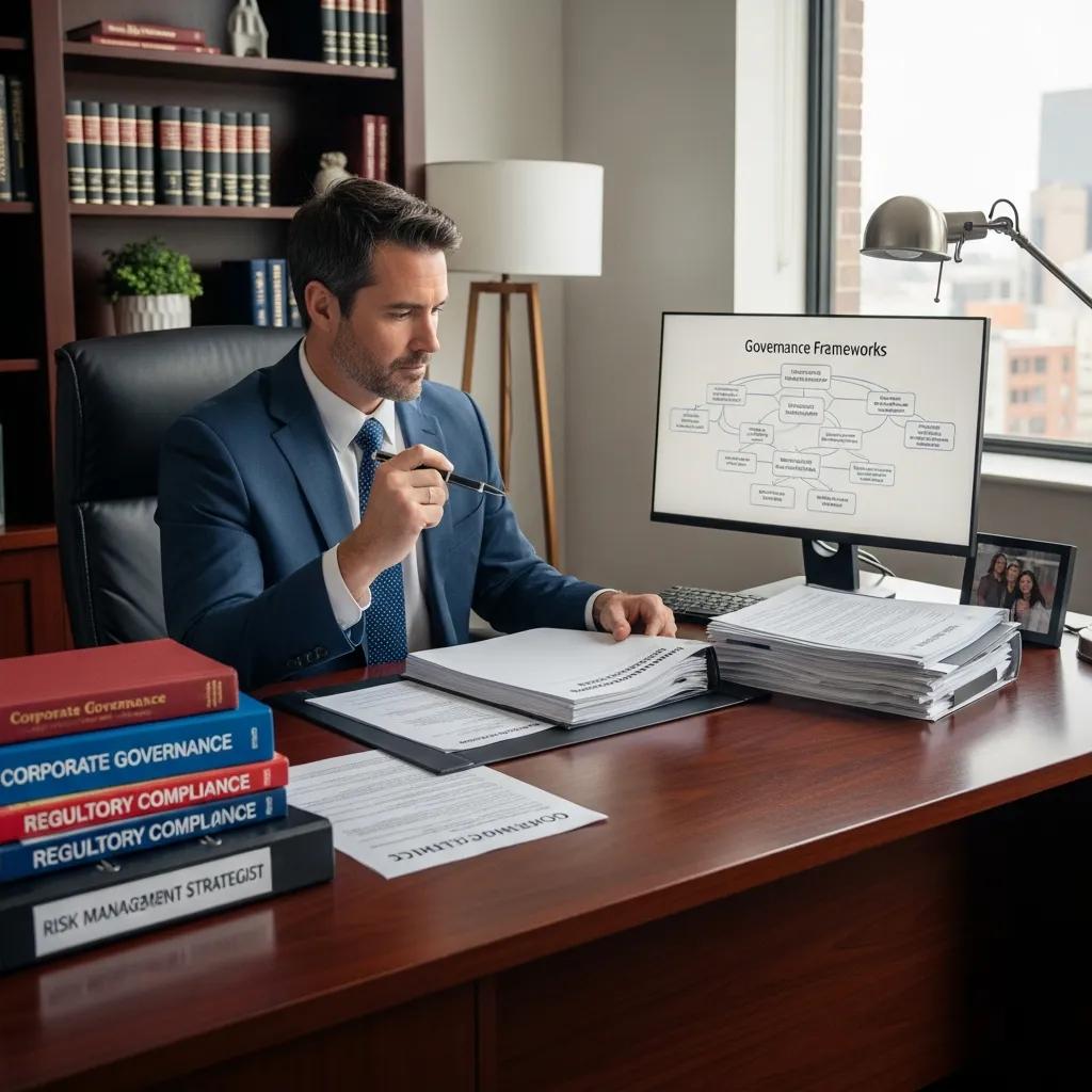 Executive evaluating AI governance and risk management strategies in an office