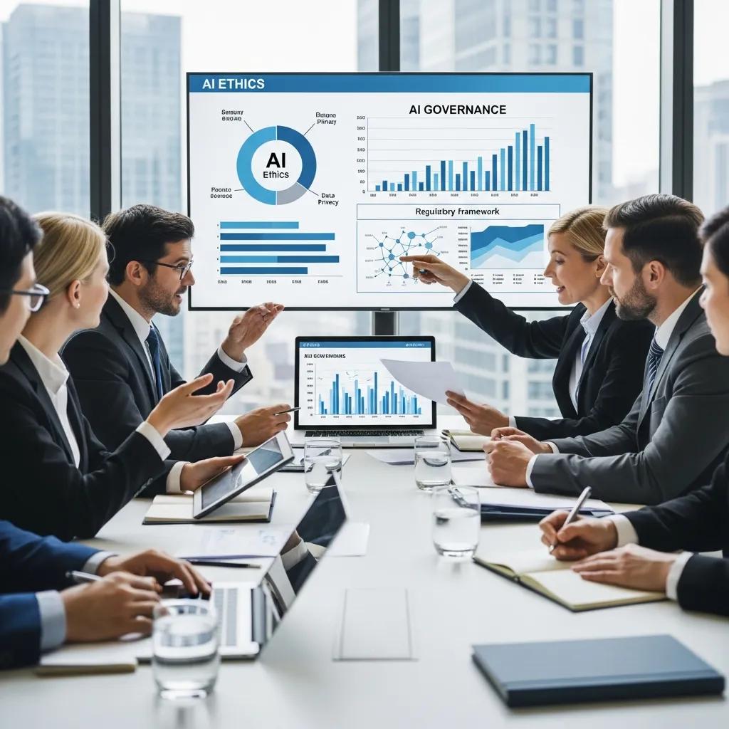 Executives discussing AI governance strategy in a business meeting