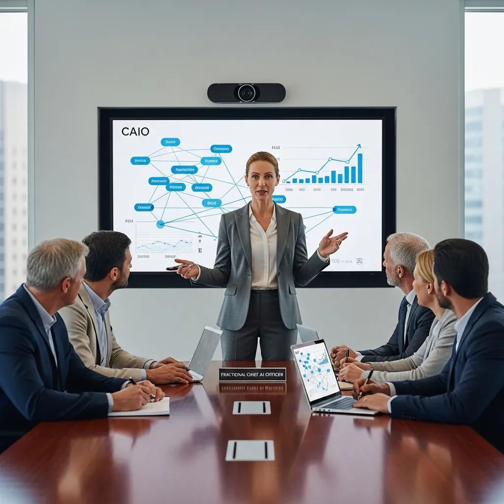 Fractional Chief AI Officer presenting AI strategy to executives in a conference room