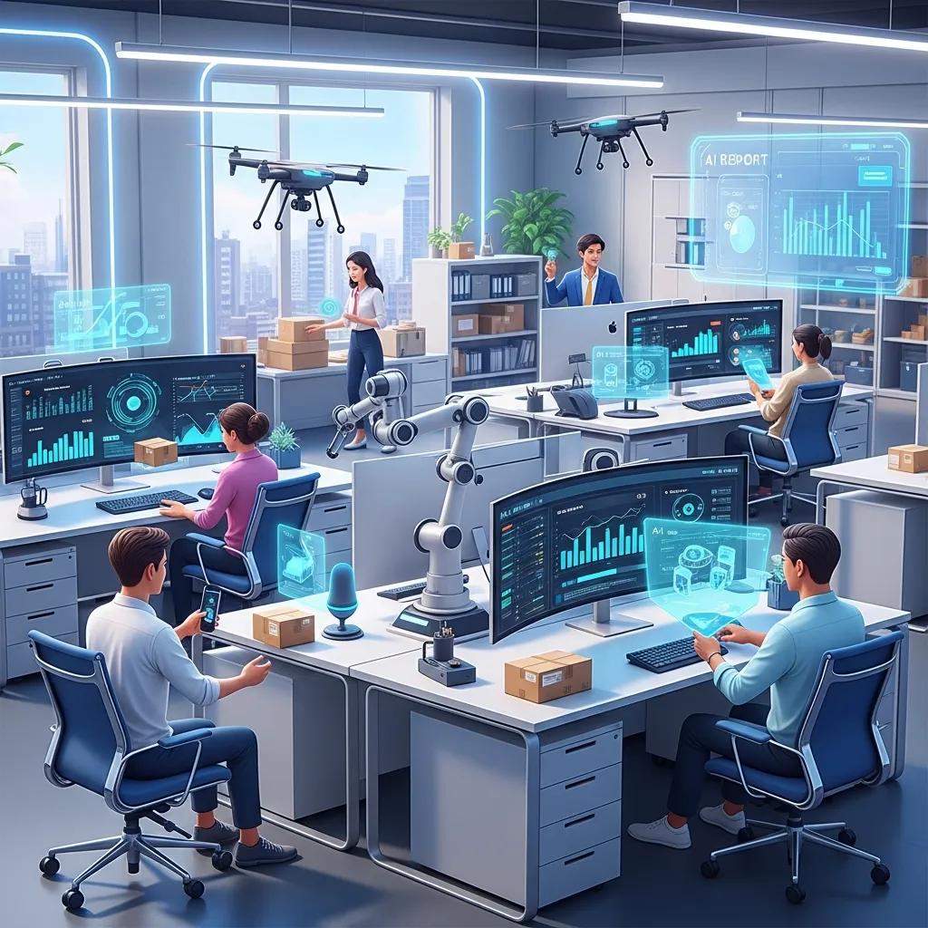 Futuristic workspace showcasing AI technology integration in small business operations