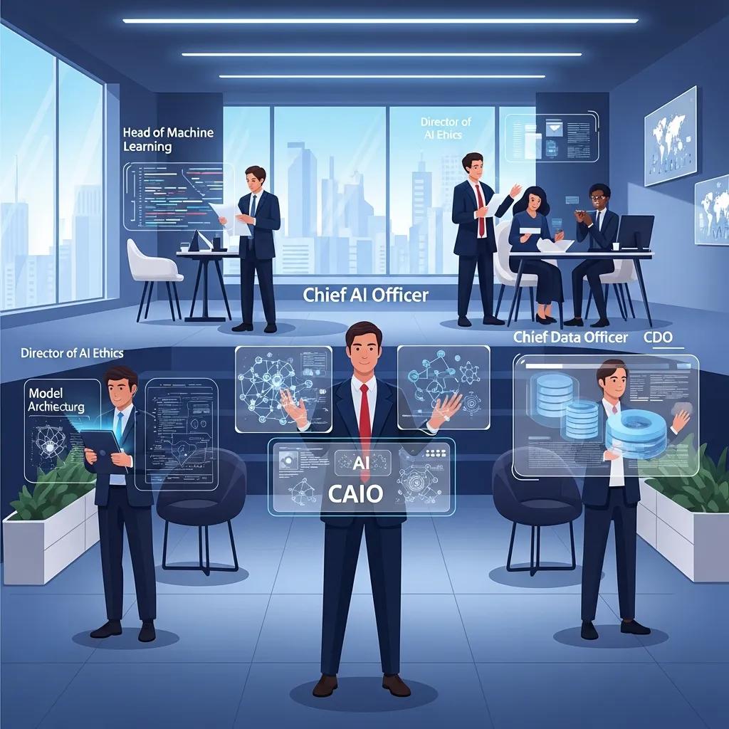 Illustration of key AI leadership roles in a modern office setting