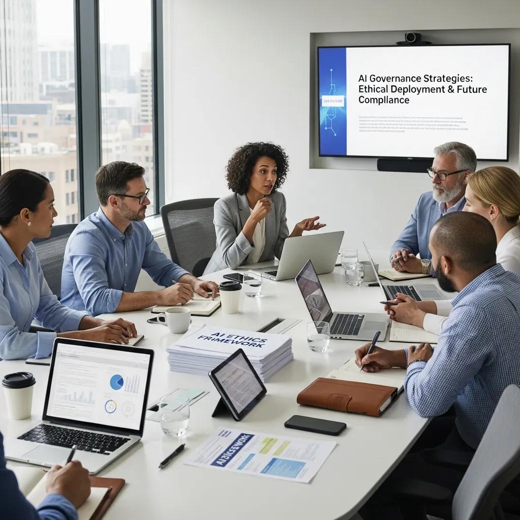 Mid-sized company leaders discussing AI governance strategies in a collaborative meeting