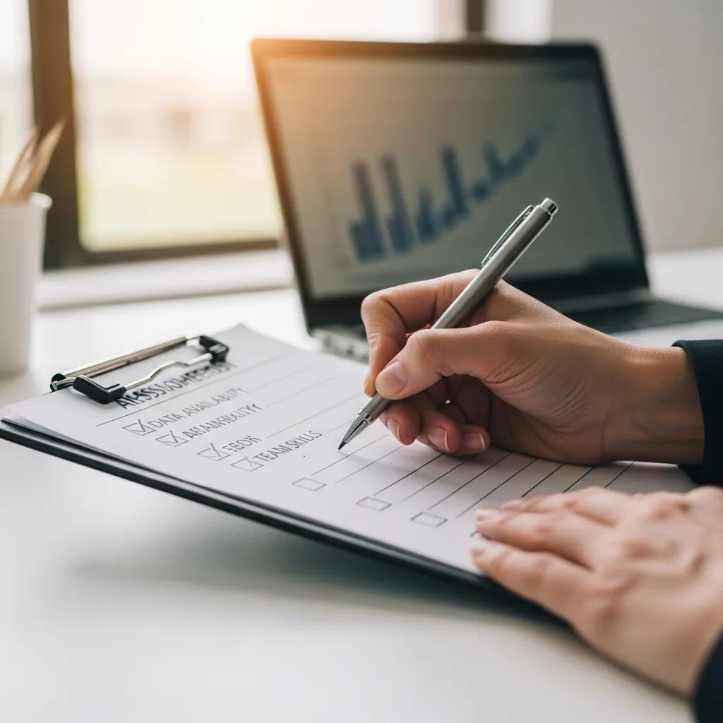 Professional assessing AI readiness with a checklist in a bright office