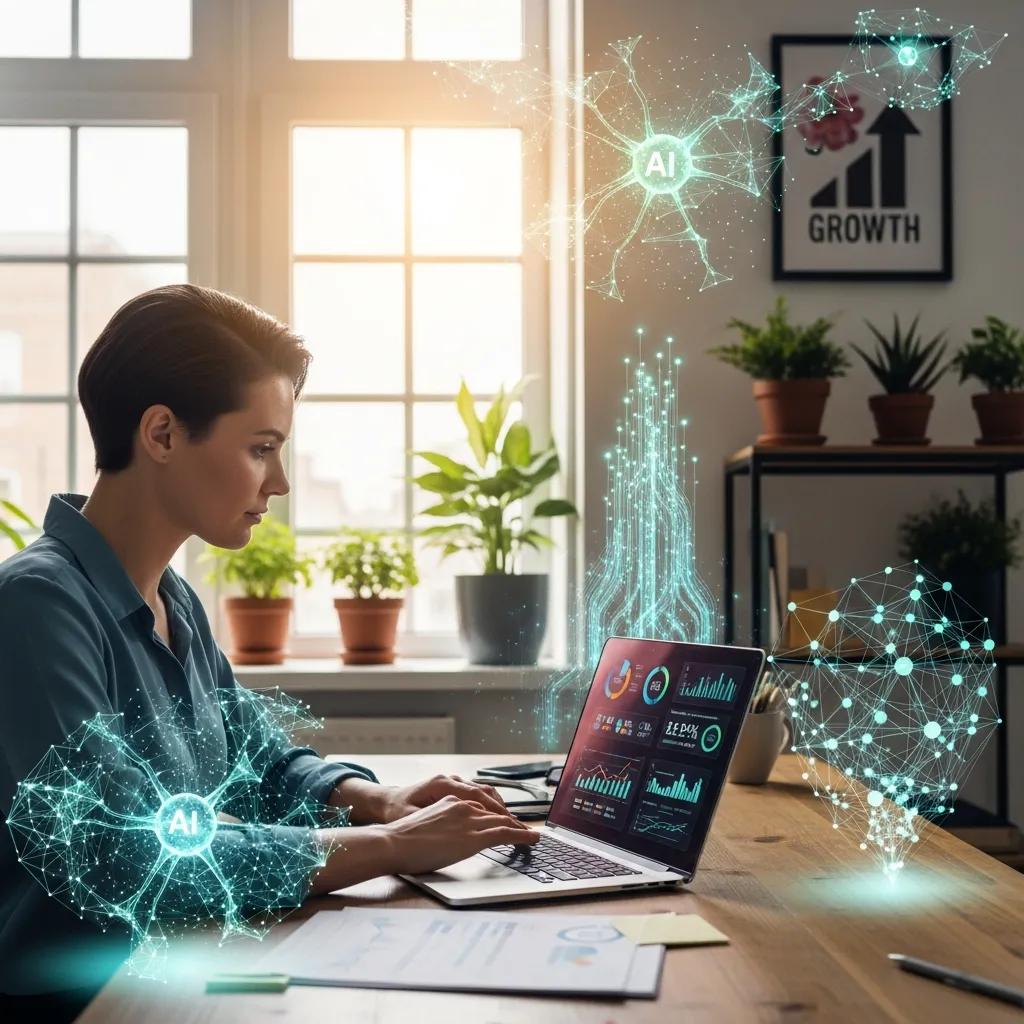 Small business owner analyzing data with AI technology in the background