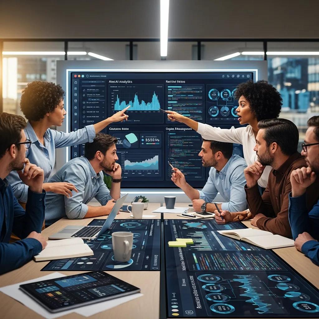 Small business team brainstorming with AI analytics displayed, enhancing productivity and efficiency