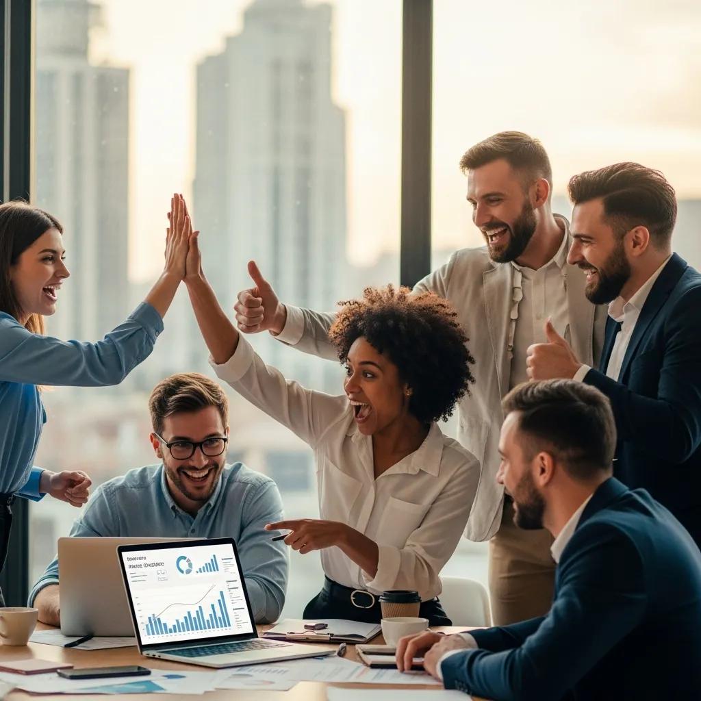 Small business team celebrating successful AI project launch