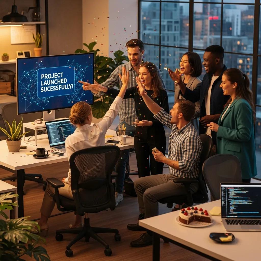 Small business team celebrating successful AI project launch