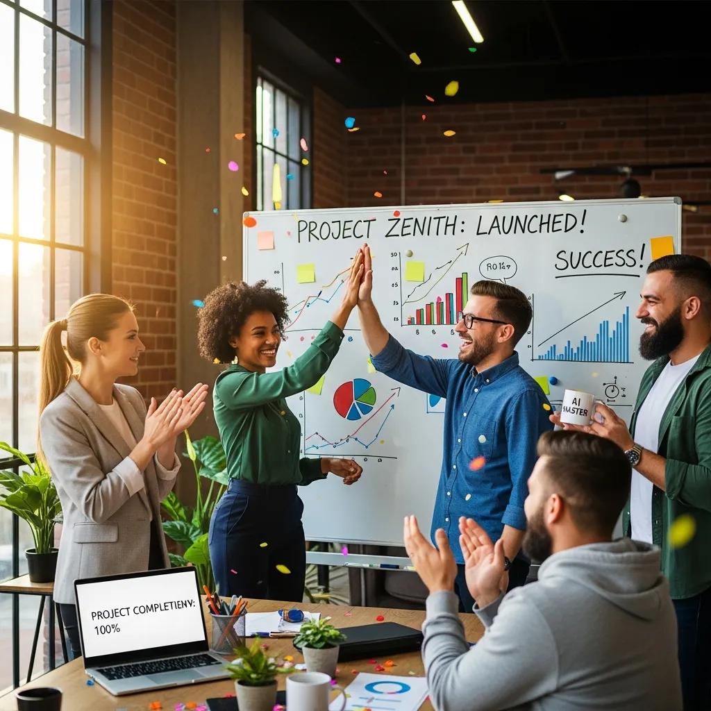 Small business team celebrating the success of an AI project launch