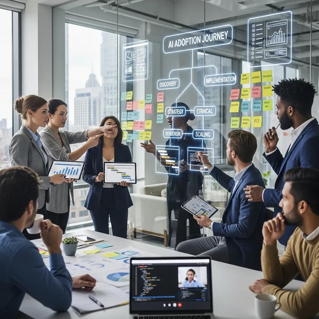 Team brainstorming AI adoption roadmap in a collaborative environment