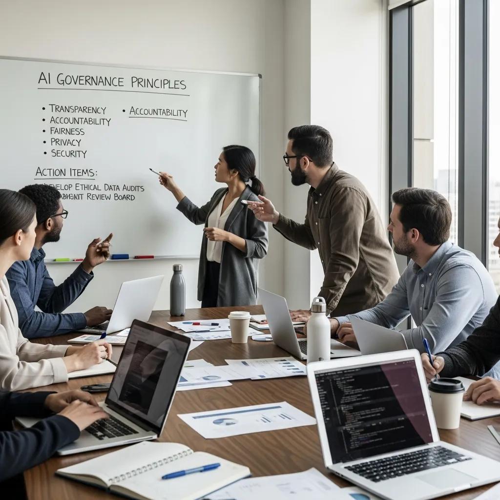 Team discussing AI governance principles in a collaborative meeting setting